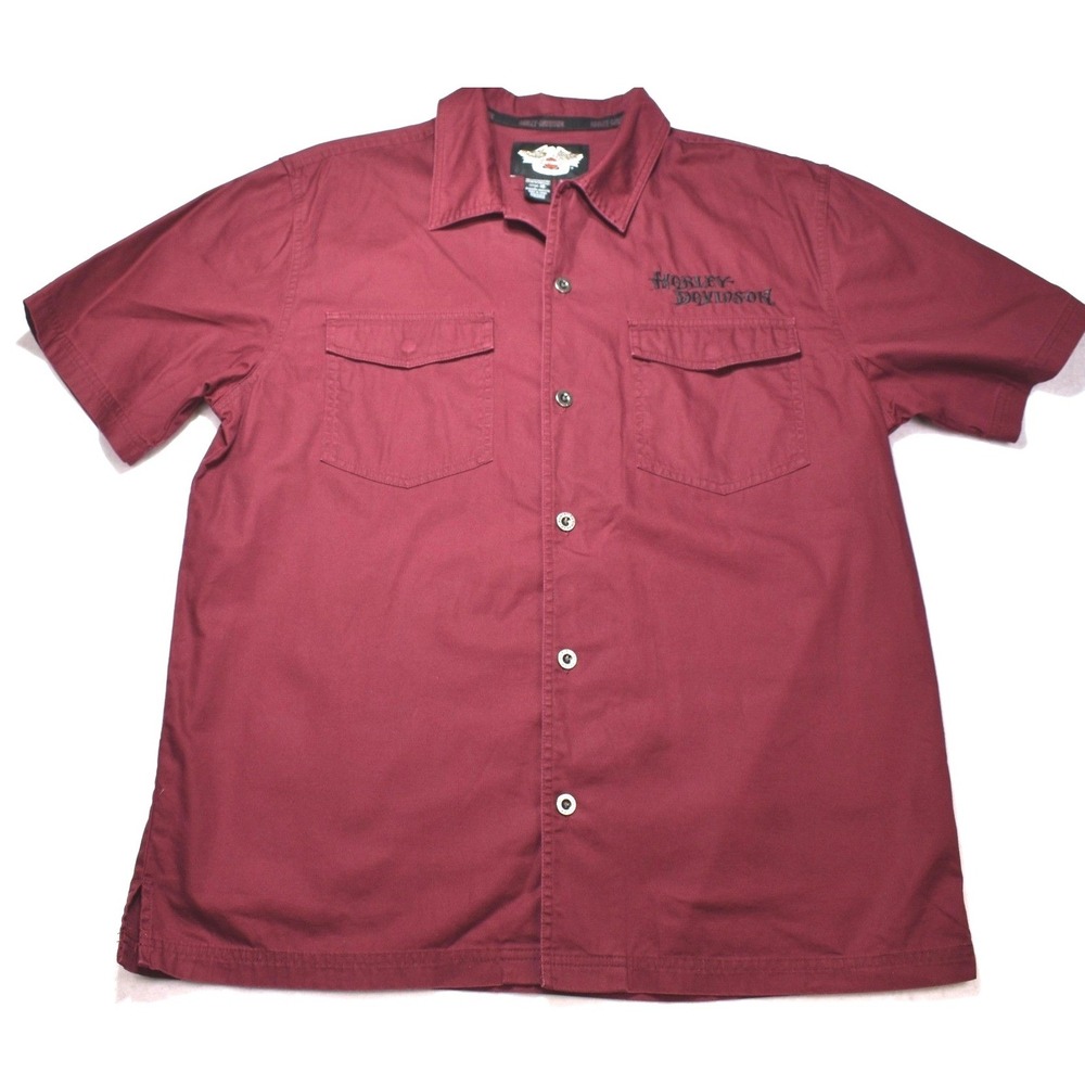 Harley Davidson Mens Large Maroon Winged Skull Graphic Short Sleeve Button Shirt